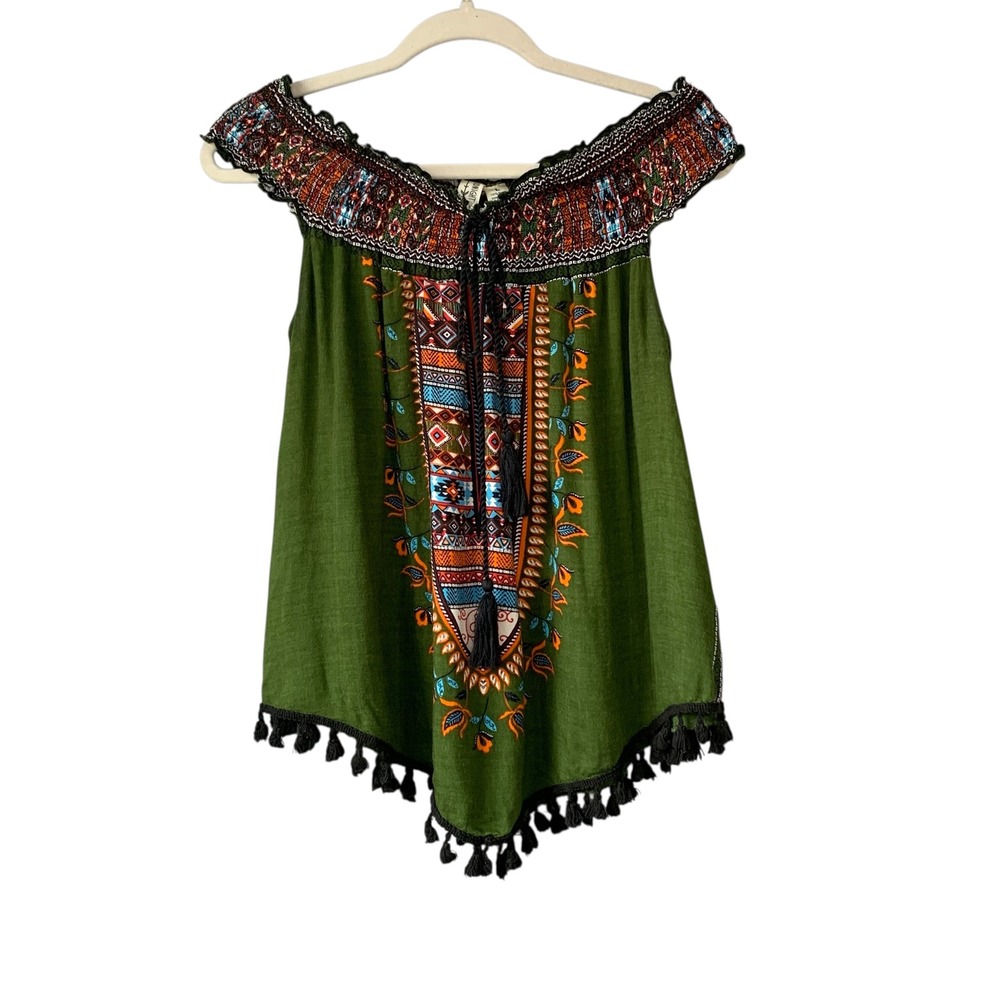 Midnight Sky boho Aztec olive green off the shoulder sleeveless top. Size L